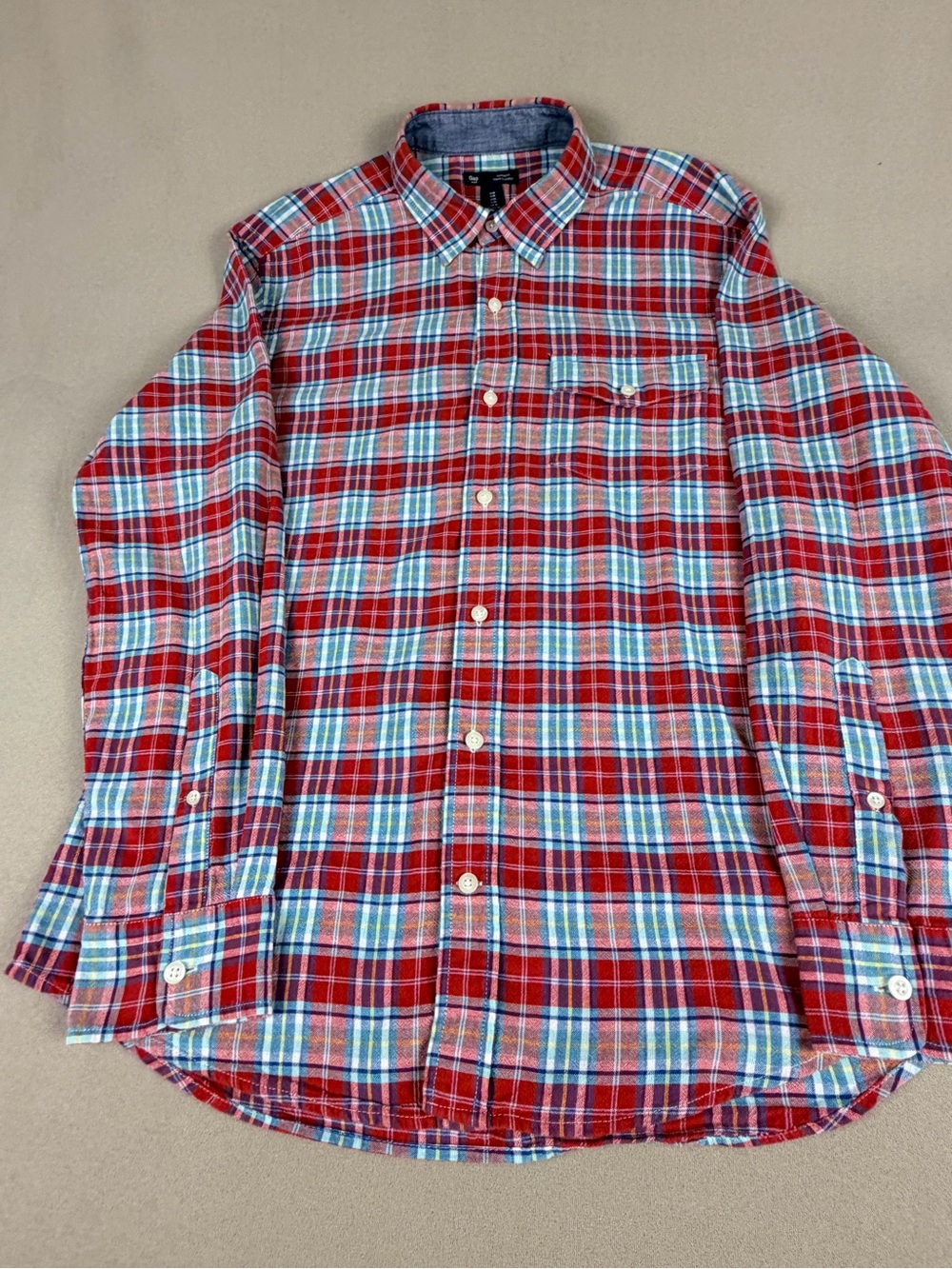 GAP Red and Blue Plaid Button-Down Shirt - Classic Fit.